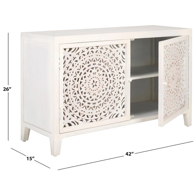 Meuble TV 2 portes 2 étagères en bois de manguier blanchi, 42"L x 15"P x 26"H