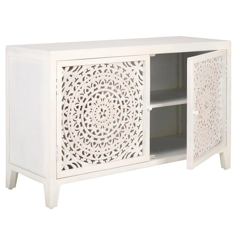 Meuble TV 2 portes 2 étagères en bois de manguier blanchi, 42"L x 15"P x 26"H