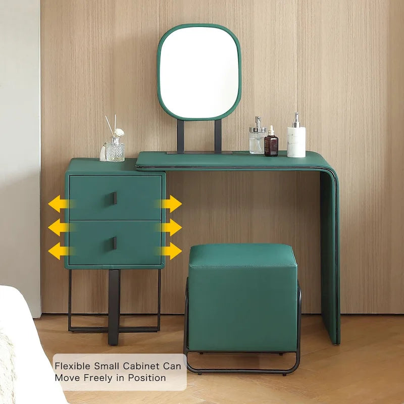 Coiffeuse en similicuir avec tabouret et miroir LED – Vert / Gris / Blanc, 1 personne