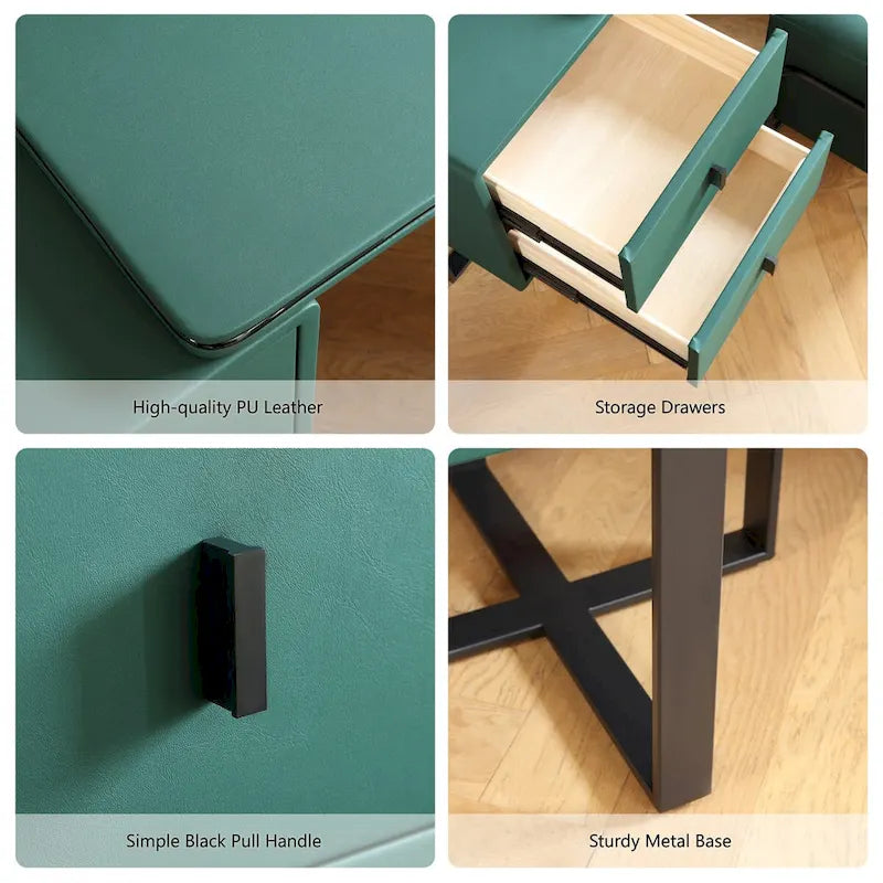 Coiffeuse en similicuir avec tabouret et miroir LED – Vert / Gris / Blanc, 1 personne