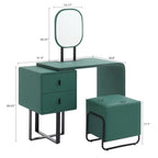 Coiffeuse en similicuir avec tabouret et miroir LED – Vert / Gris / Blanc, 1 personne