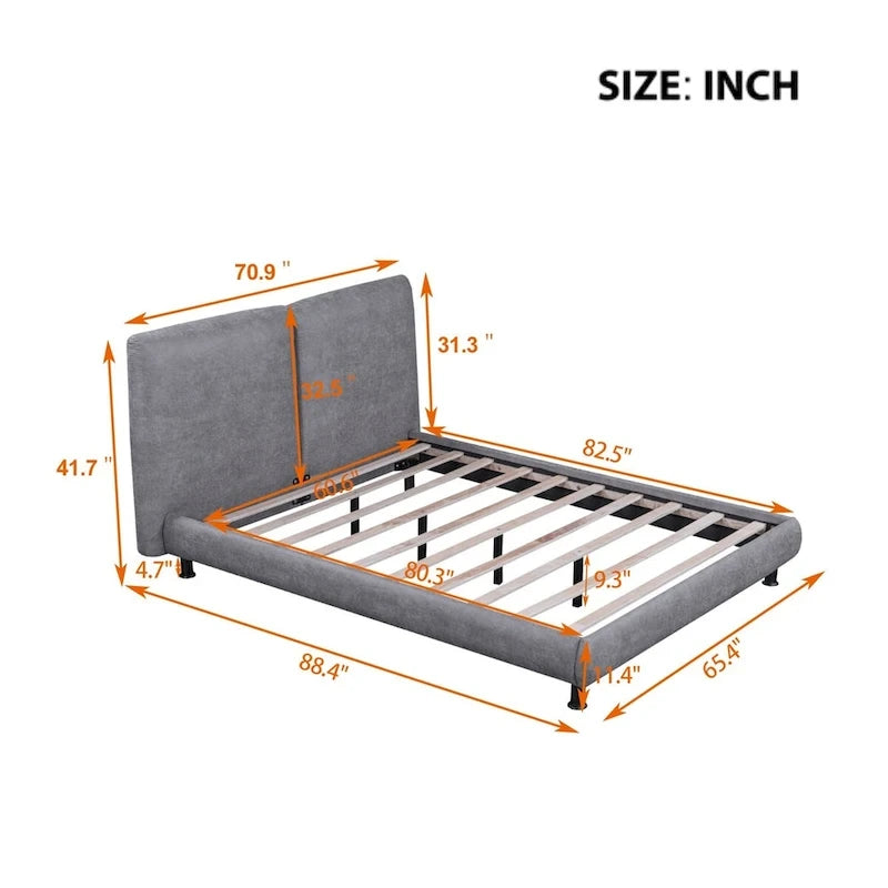 Lit plateforme capitonné beige/gris avec deux têtes de lit, pour 2 personnes