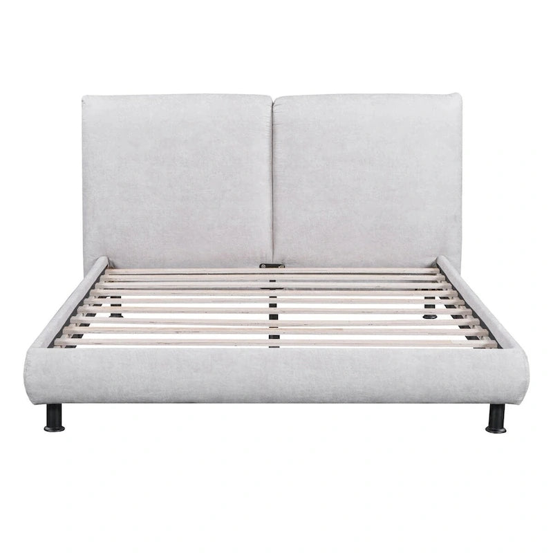 Lit plateforme capitonné beige/gris avec deux têtes de lit, pour 2 personnes