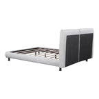Lit plateforme capitonné beige/gris avec deux têtes de lit, pour 2 personnes