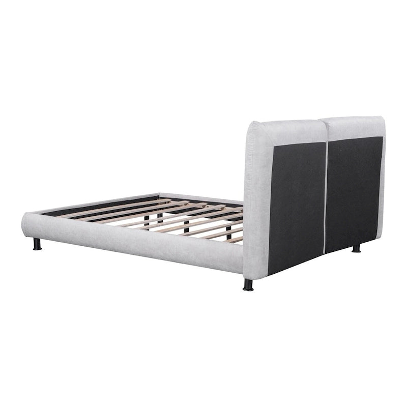 Lit plateforme capitonné beige/gris avec deux têtes de lit, pour 2 personnes