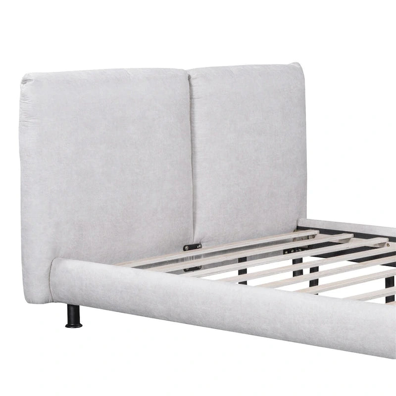 Lit plateforme capitonné beige/gris avec deux têtes de lit, pour 2 personnes