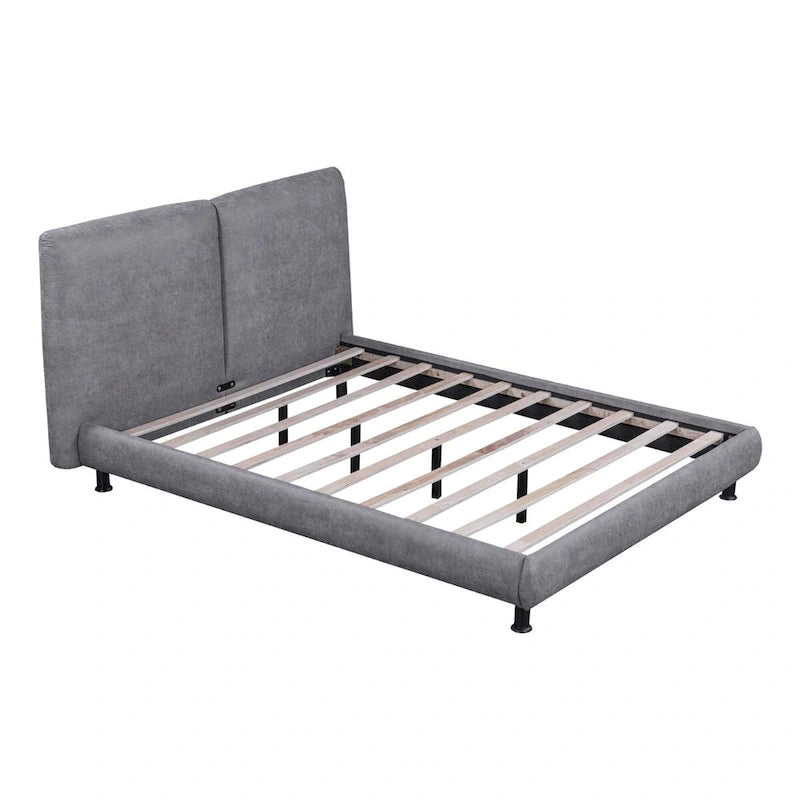 Lit plateforme capitonné beige/gris avec deux têtes de lit, pour 2 personnes