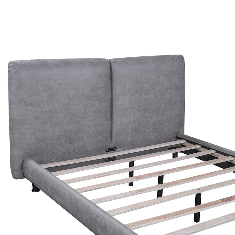 Lit plateforme capitonné beige/gris avec deux têtes de lit, pour 2 personnes