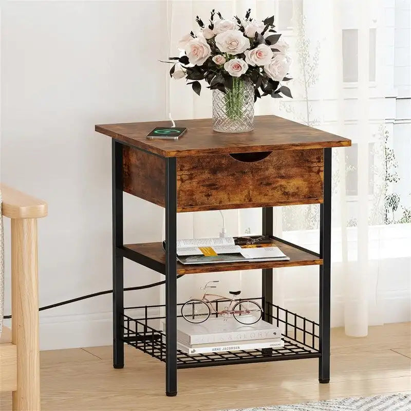 Table d'appoint carrée à 2 niveaux avec station de charge USB – Noir / Marron, Simple