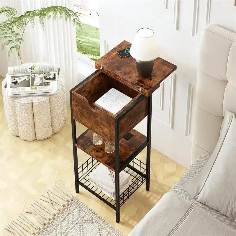 Table d'appoint carrée à 2 niveaux avec station de charge USB – Noir / Marron, Simple