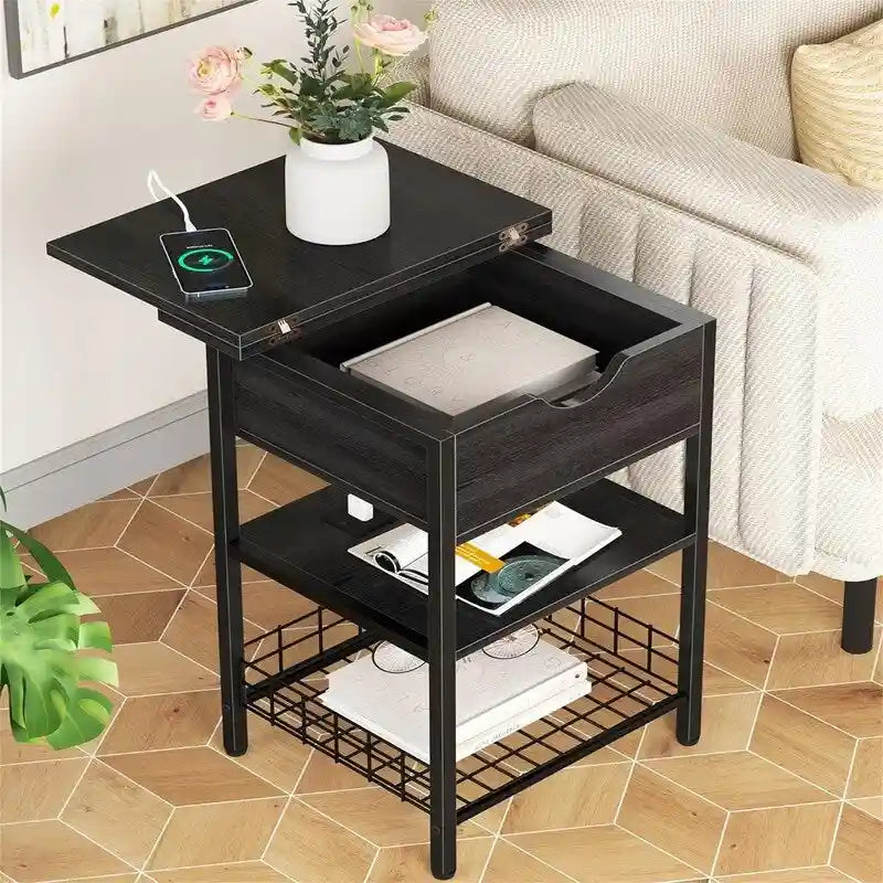 Table d'appoint carrée à 2 niveaux avec station de charge USB – Noir / Marron, Simple