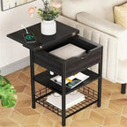 Table d'appoint carrée à 2 niveaux avec station de charge USB – Noir / Marron, Simple