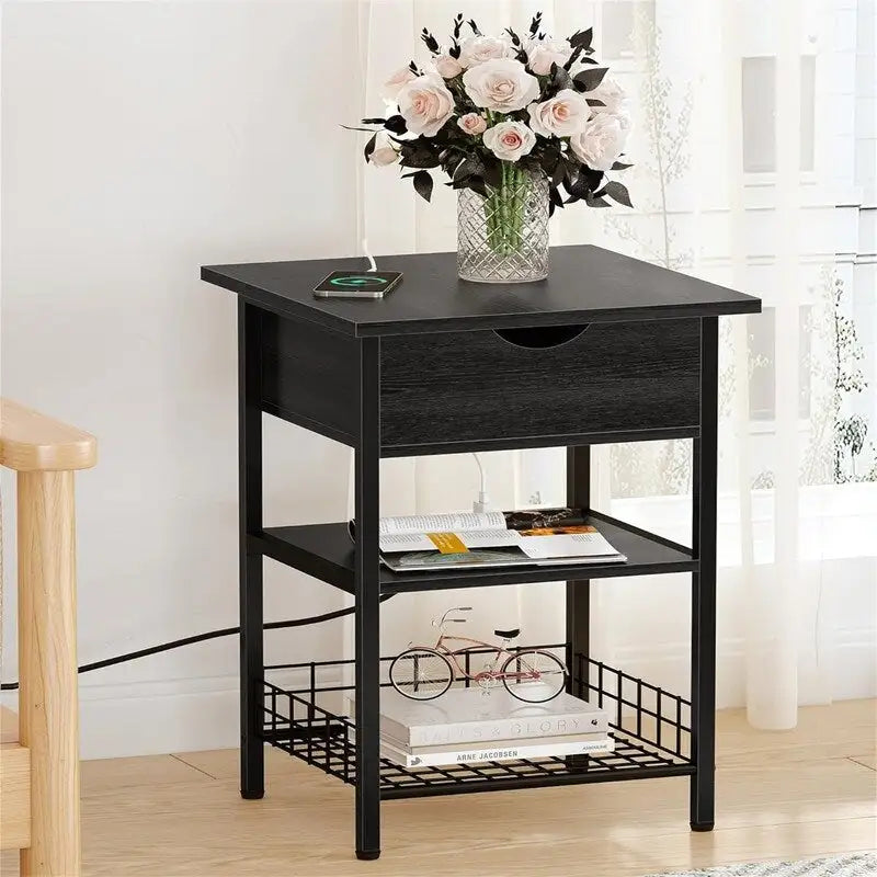 Table d'appoint carrée à 2 niveaux avec station de charge USB – Noir / Marron, Simple