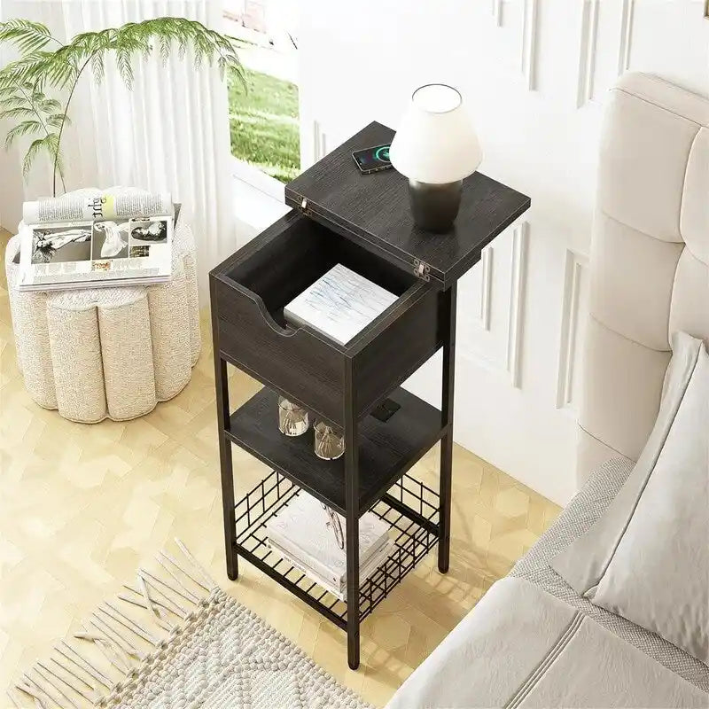Table d'appoint carrée à 2 niveaux avec station de charge USB – Noir / Marron, Simple