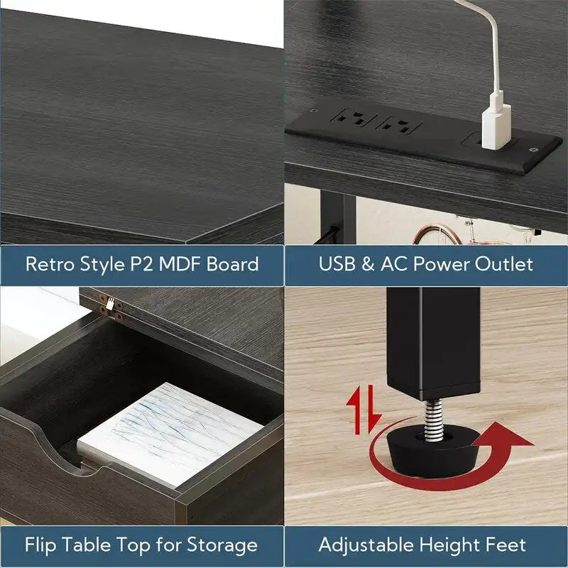 Table d'appoint carrée à 2 niveaux avec station de charge USB – Noir / Marron, Simple