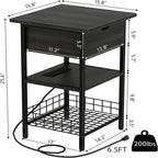 Table d'appoint carrée à 2 niveaux avec station de charge USB – Noir / Marron, Simple
