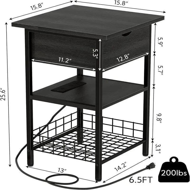 Table d'appoint carrée à 2 niveaux avec station de charge USB – Noir / Marron, Simple