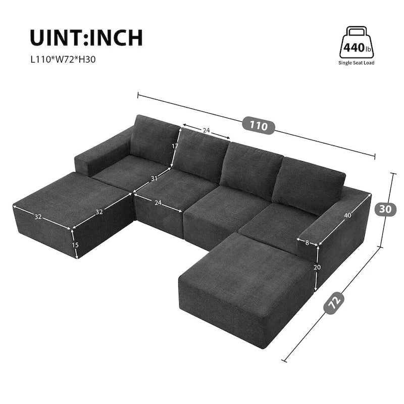 Canapé d'angle modulaire en U gris foncé / beige / bleu marine, chenille, 4 à 6 places