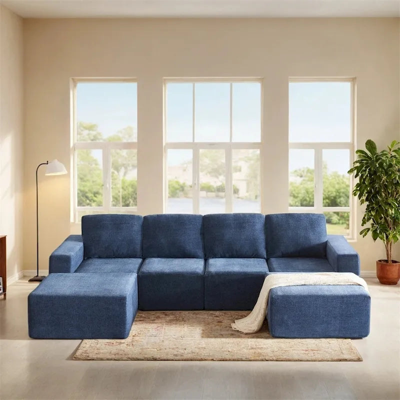 Canapé d'angle modulaire en U gris foncé / beige / bleu marine, chenille, 4 à 6 places