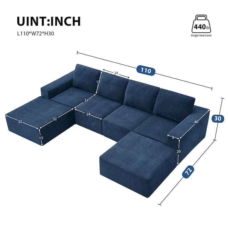 Canapé d'angle modulaire en U gris foncé / beige / bleu marine, chenille, 4 à 6 places