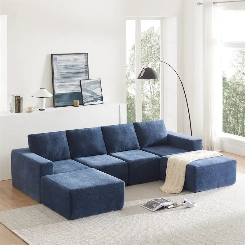 Canapé d'angle modulaire en U gris foncé / beige / bleu marine, chenille, 4 à 6 places