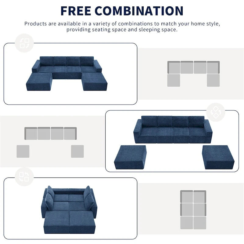 Canapé d'angle modulaire en U gris foncé / beige / bleu marine, chenille, 4 à 6 places