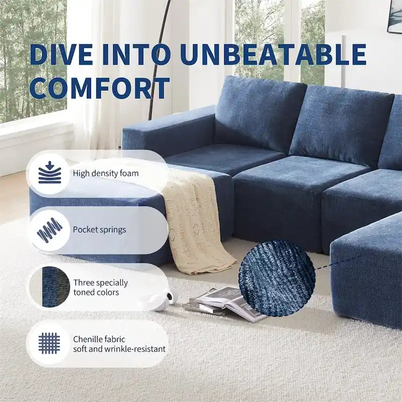 Canapé d'angle modulaire en U gris foncé / beige / bleu marine, chenille, 4 à 6 places