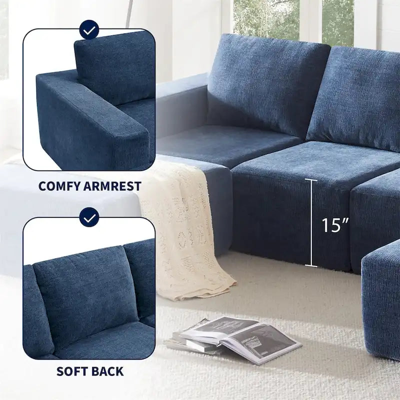 Canapé d'angle modulaire en U gris foncé / beige / bleu marine, chenille, 4 à 6 places
