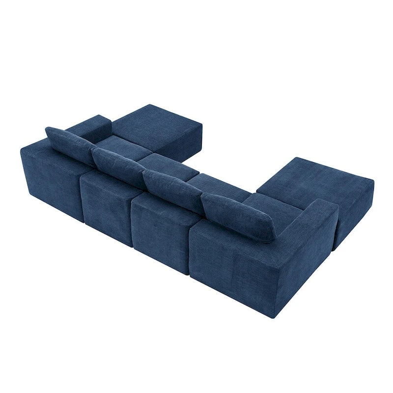 Canapé d'angle modulaire en U gris foncé / beige / bleu marine, chenille, 4 à 6 places