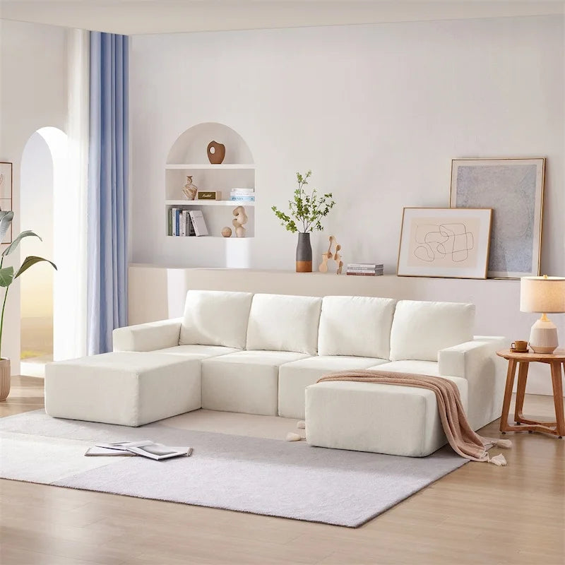 Canapé d'angle modulaire en U gris foncé / beige / bleu marine, chenille, 4 à 6 places
