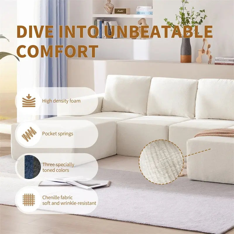 Canapé d'angle modulaire en U gris foncé / beige / bleu marine, chenille, 4 à 6 places