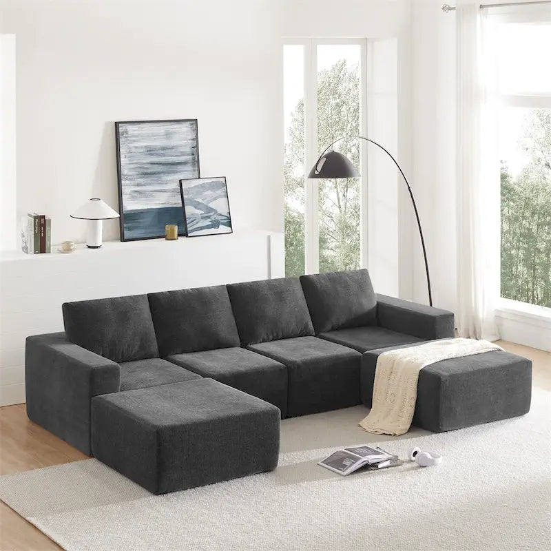 Canapé d'angle modulaire en U gris foncé / beige / bleu marine, chenille, 4 à 6 places