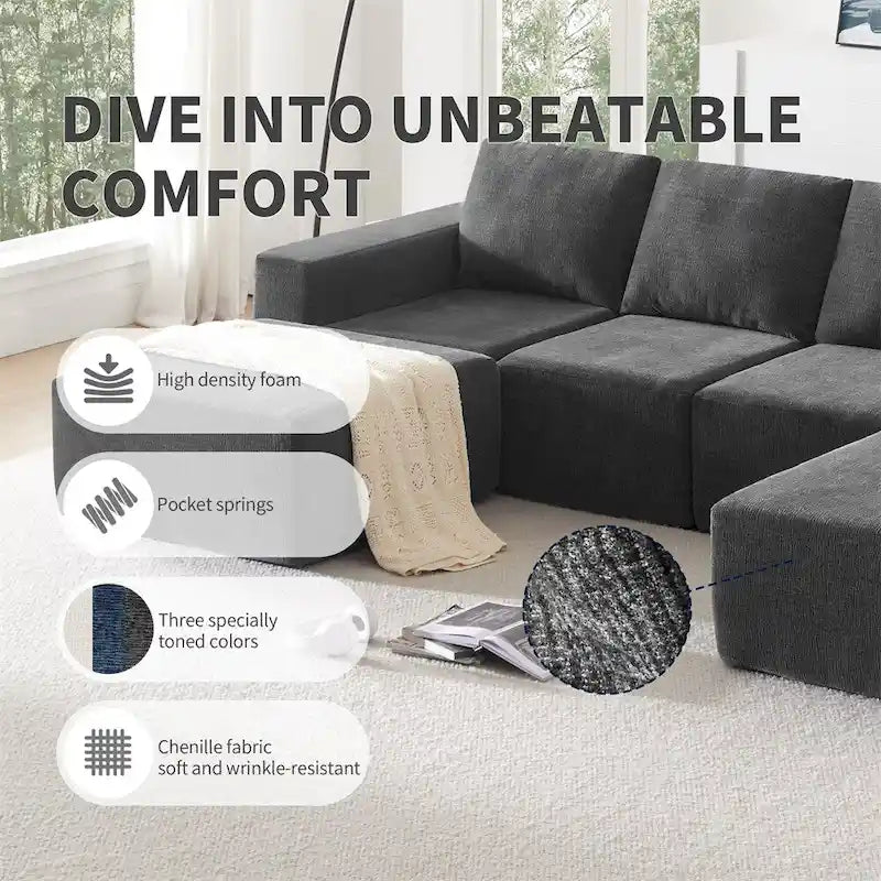 Canapé d'angle modulaire en U gris foncé / beige / bleu marine, chenille, 4 à 6 places