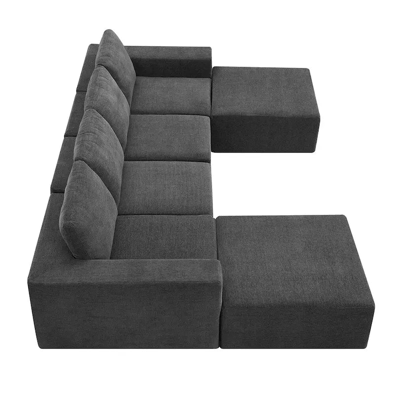 Canapé d'angle modulaire en U gris foncé / beige / bleu marine, chenille, 4 à 6 places