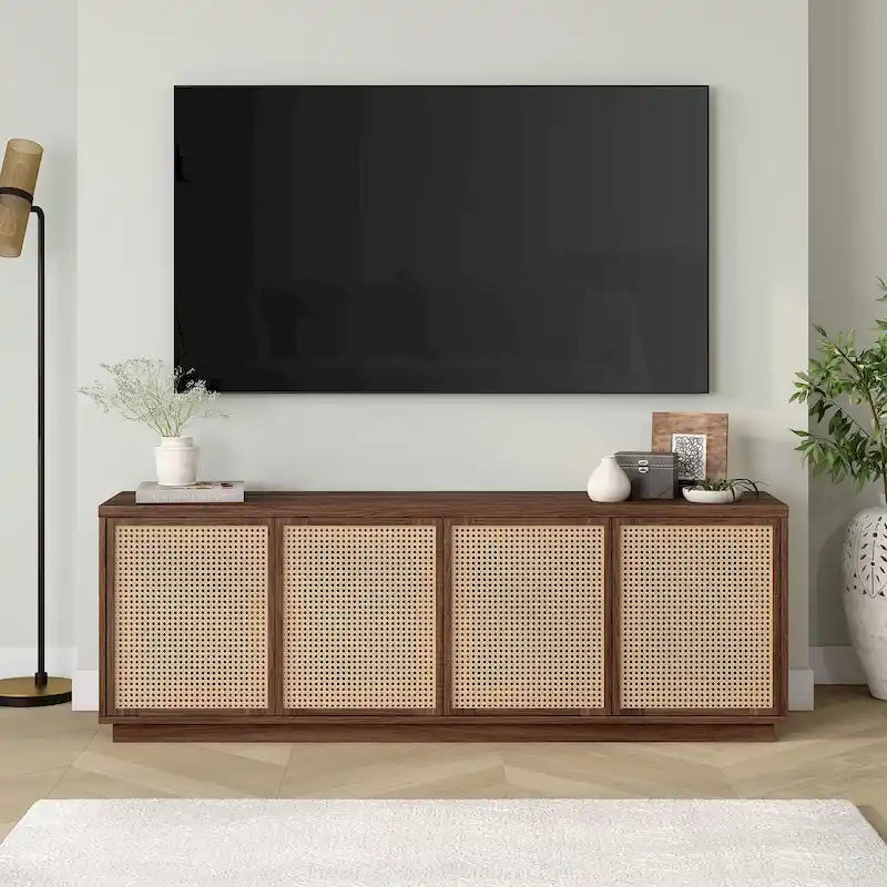Meuble TV Mid-Century Noyer satiné / Grain noir, Convient à 1 TV jusqu'à 78", 70" L