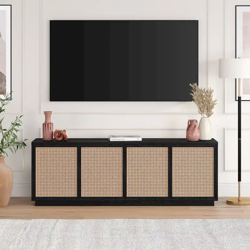 Meuble TV Mid-Century Noyer satiné / Grain noir, Convient à 1 TV jusqu'à 78", 70" L