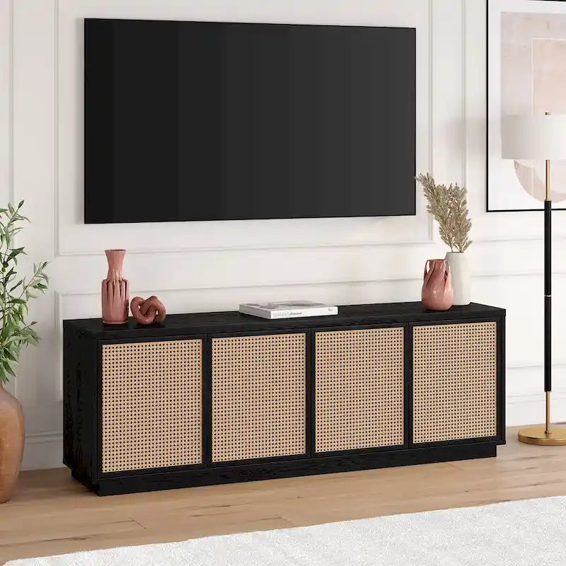 Meuble TV Mid-Century Noyer satiné / Grain noir, Convient à 1 TV jusqu'à 78", 70" L