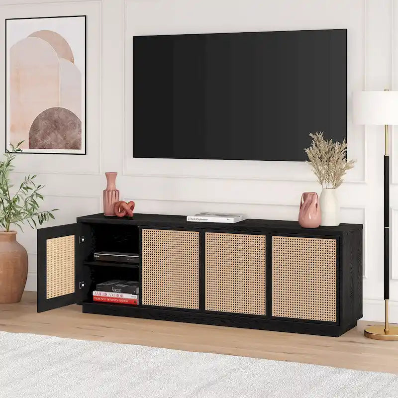 Meuble TV Mid-Century Noyer satiné / Grain noir, Convient à 1 TV jusqu'à 78", 70" L