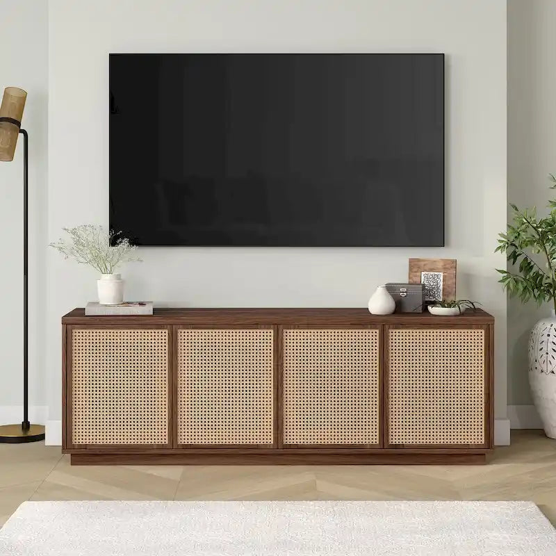 Meuble TV Mid-Century Noyer satiné / Grain noir, Convient à 1 TV jusqu'à 78", 70" L