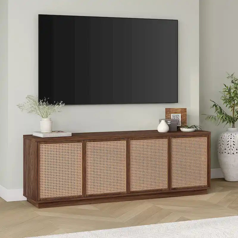 Meuble TV Mid-Century Noyer satiné / Grain noir, Convient à 1 TV jusqu'à 78", 70" L