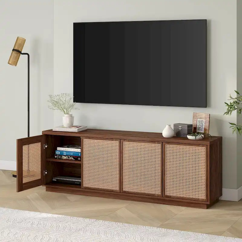 Meuble TV Mid-Century Noyer satiné / Grain noir, Convient à 1 TV jusqu'à 78", 70" L