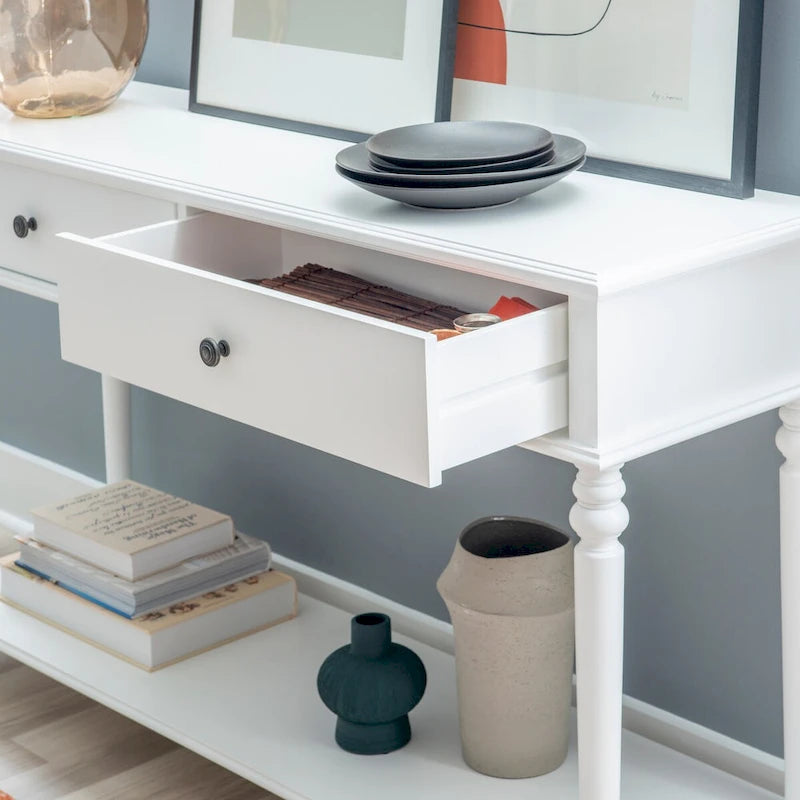 Console rustique de style campagnard blanc avec 2 tiroirs