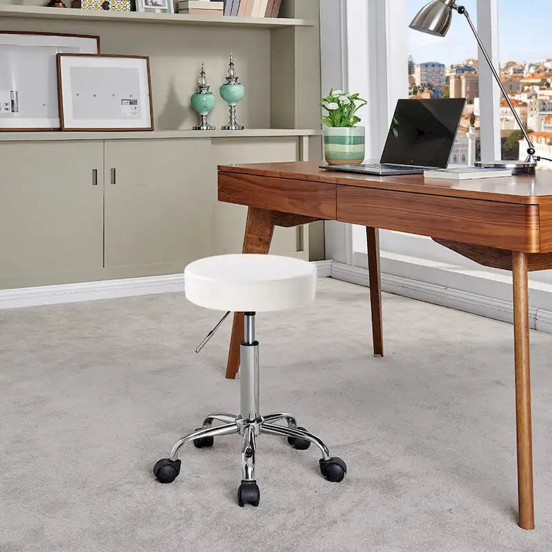 Tabouret à roulettes sans dossier, en similicuir, blanc et noir, une pièce