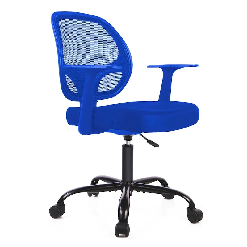 Chaise de bureau mi-hauteur en maille noire/bleue/marron, accoudoirs relevables, appui-tête réglable, utilisateur unique