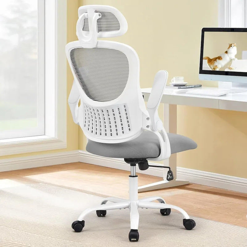 Chaise de bureau mi-hauteur en maille noire/bleue/marron, accoudoirs relevables, appui-tête réglable, utilisateur unique