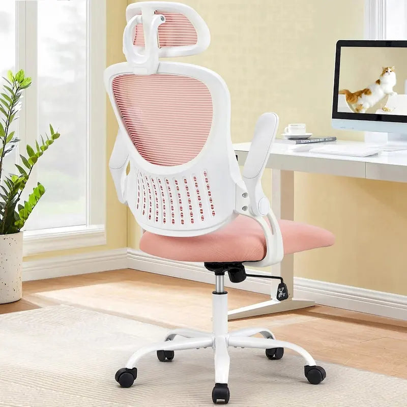 Chaise de bureau mi-hauteur en maille noire/bleue/marron, accoudoirs relevables, appui-tête réglable, utilisateur unique