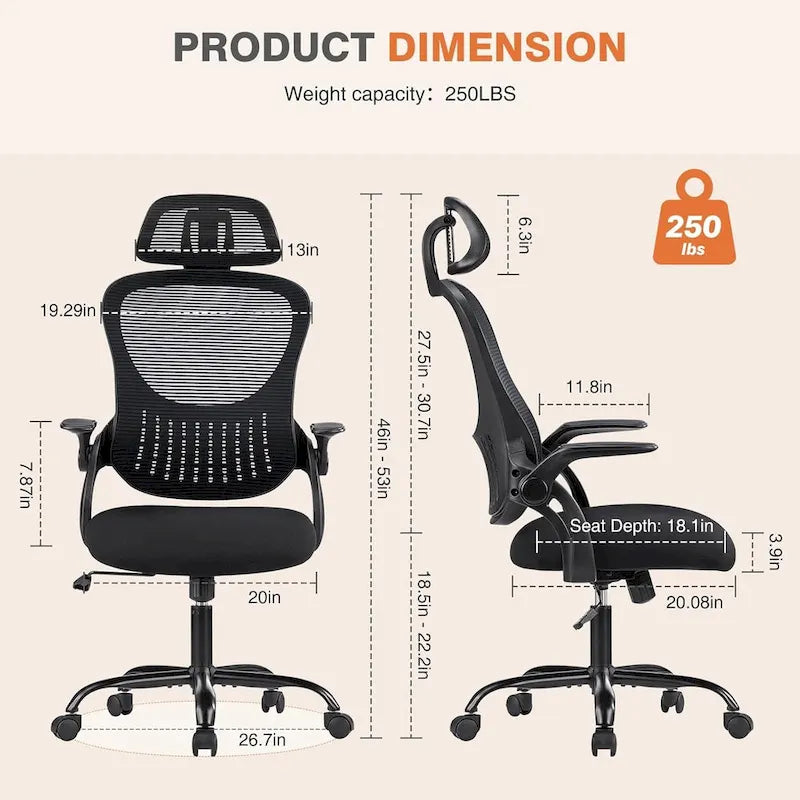 Chaise de bureau mi-hauteur en maille noire/bleue/marron, accoudoirs relevables, appui-tête réglable, utilisateur unique