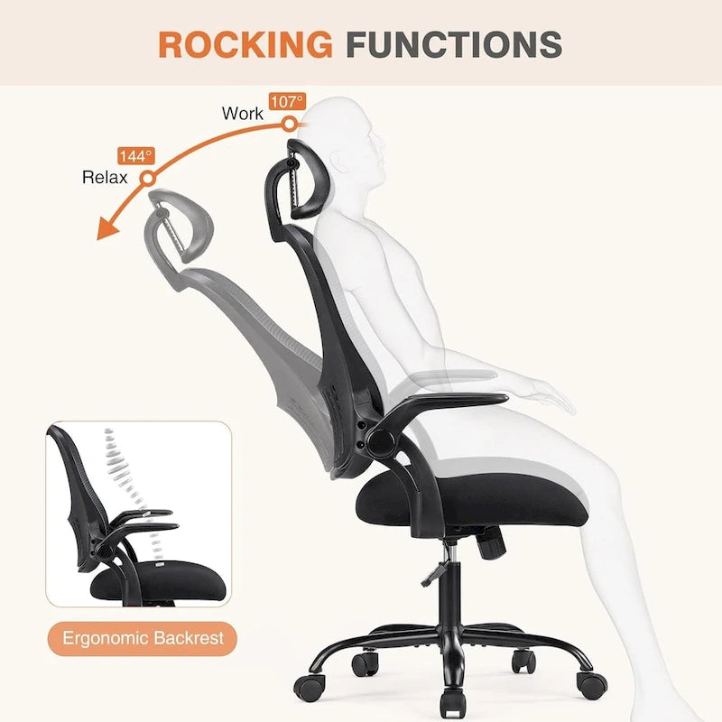 Chaise de bureau mi-hauteur en maille noire/bleue/marron, accoudoirs relevables, appui-tête réglable, utilisateur unique