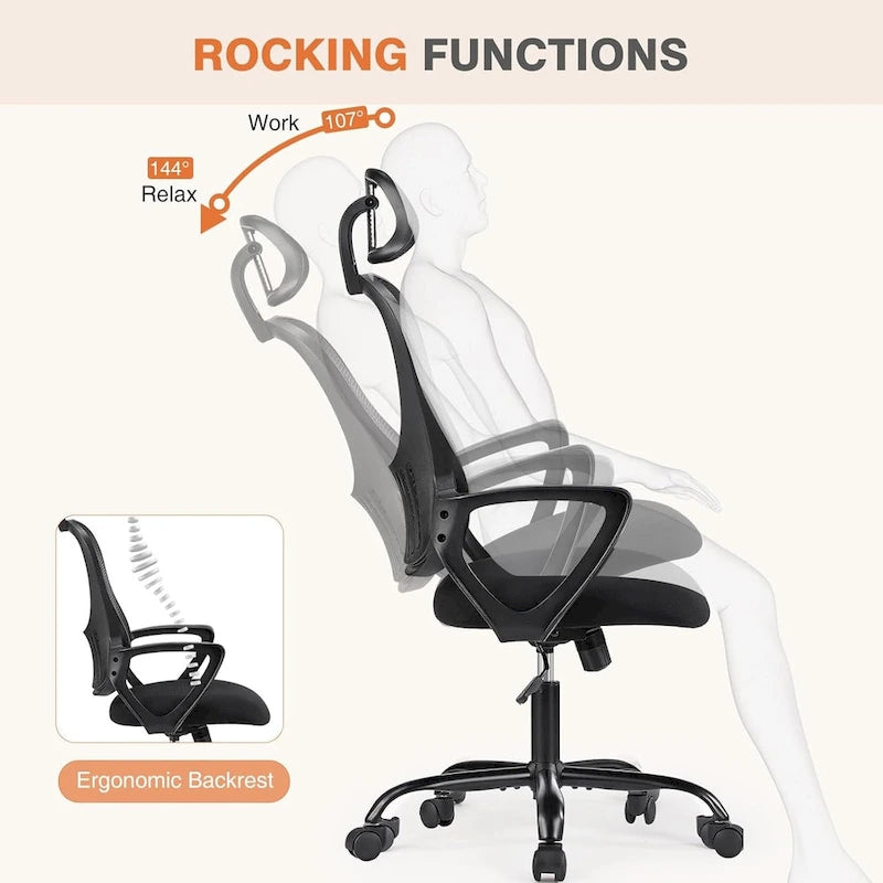 Chaise de bureau mi-hauteur en maille noire/bleue/marron, accoudoirs relevables, appui-tête réglable, utilisateur unique