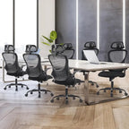Chaise de bureau mi-hauteur en maille noire/bleue/marron, accoudoirs relevables, appui-tête réglable, utilisateur unique